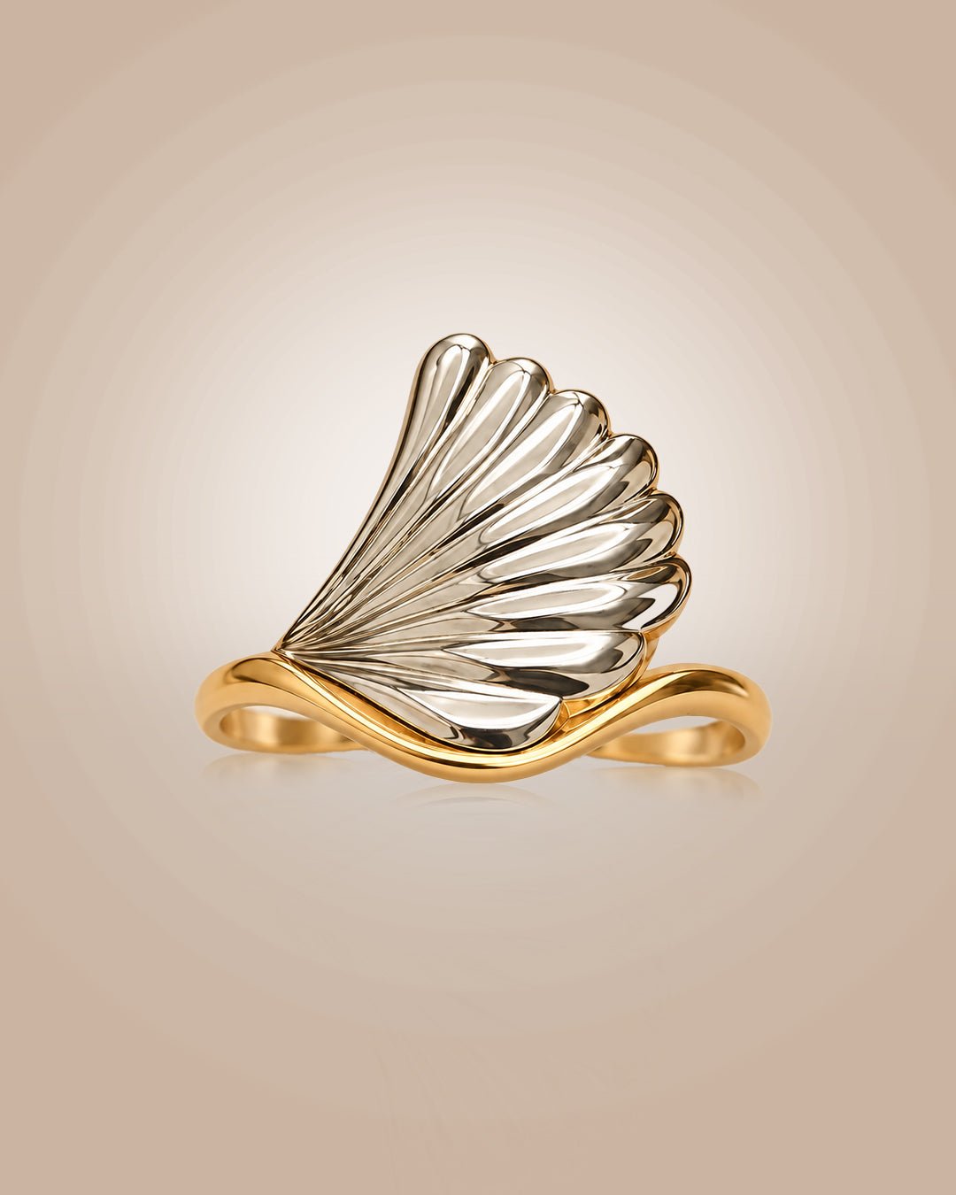 925 silver 22K gold vermeil & rhodium adjustable wave ring with CZ; anti-tarnish, daily wear on warm beige background.