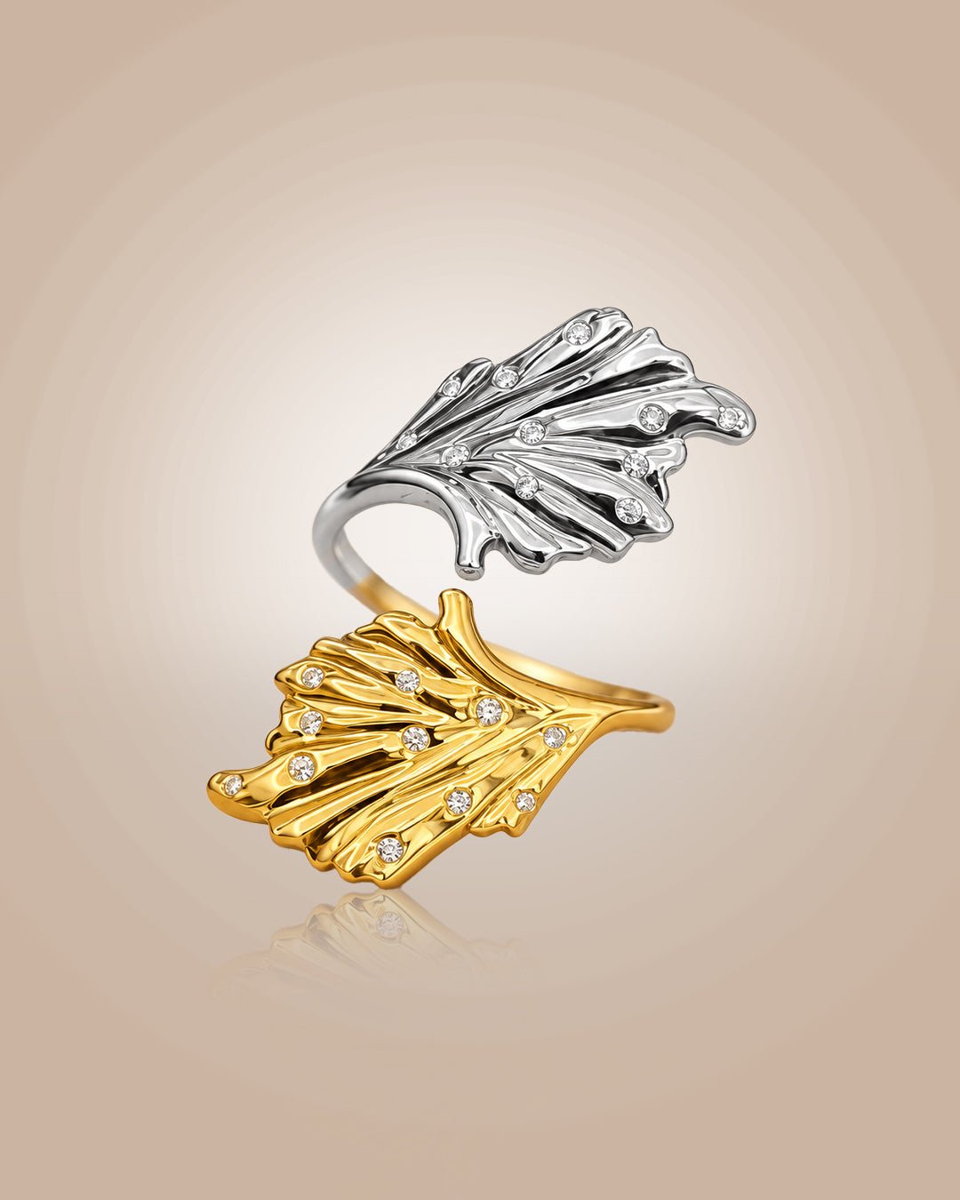 925 silver 22K gold vermeil & rhodium adjustable coral ring with CZ; anti-tarnish, daily wear on warm beige background.