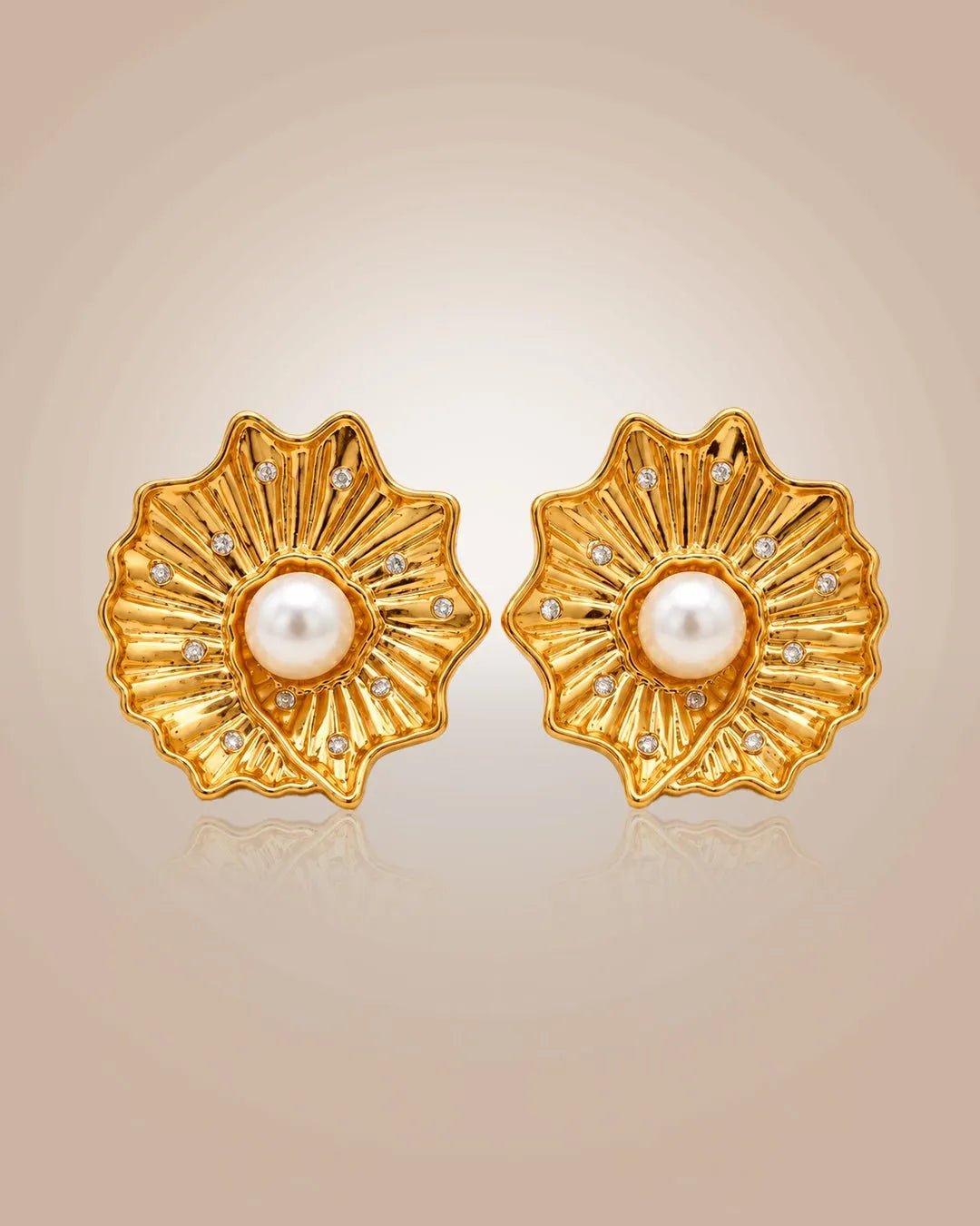 925 silver 22K gold vermeil Sagar Ratna stud earrings; scalloped coral motif with pearl & CZ, anti-tarnish on beige