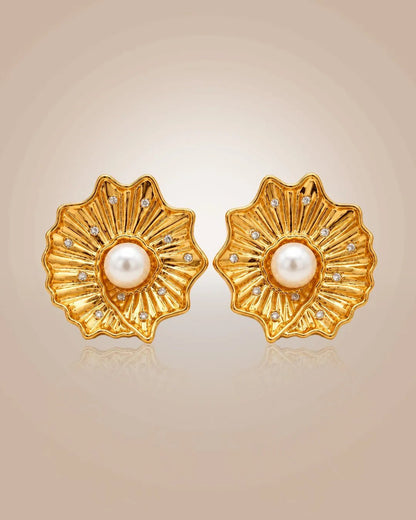 925 silver 22K gold vermeil Sagar Ratna stud earrings; scalloped coral motif with pearl & CZ, anti-tarnish on beige