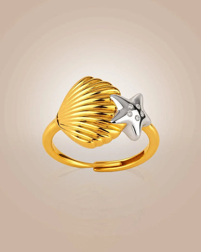 925 silver 22K gold vermeil & rhodium Samudra Tara ring; starfish & shell motif with CZ, anti-tarnish, daily look on beige.