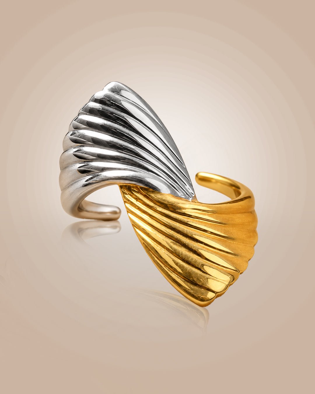 Dual-tone 925 silver 22K gold vermeil & rhodium Infinity Adjustable ring; anti-tarnish, daily wear on beige background.