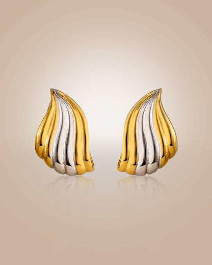 Dual-tone 925 silver 22K gold vermeil & rhodium wave earcuffs; anti-tarnish, perfect for daily wear on beige background.