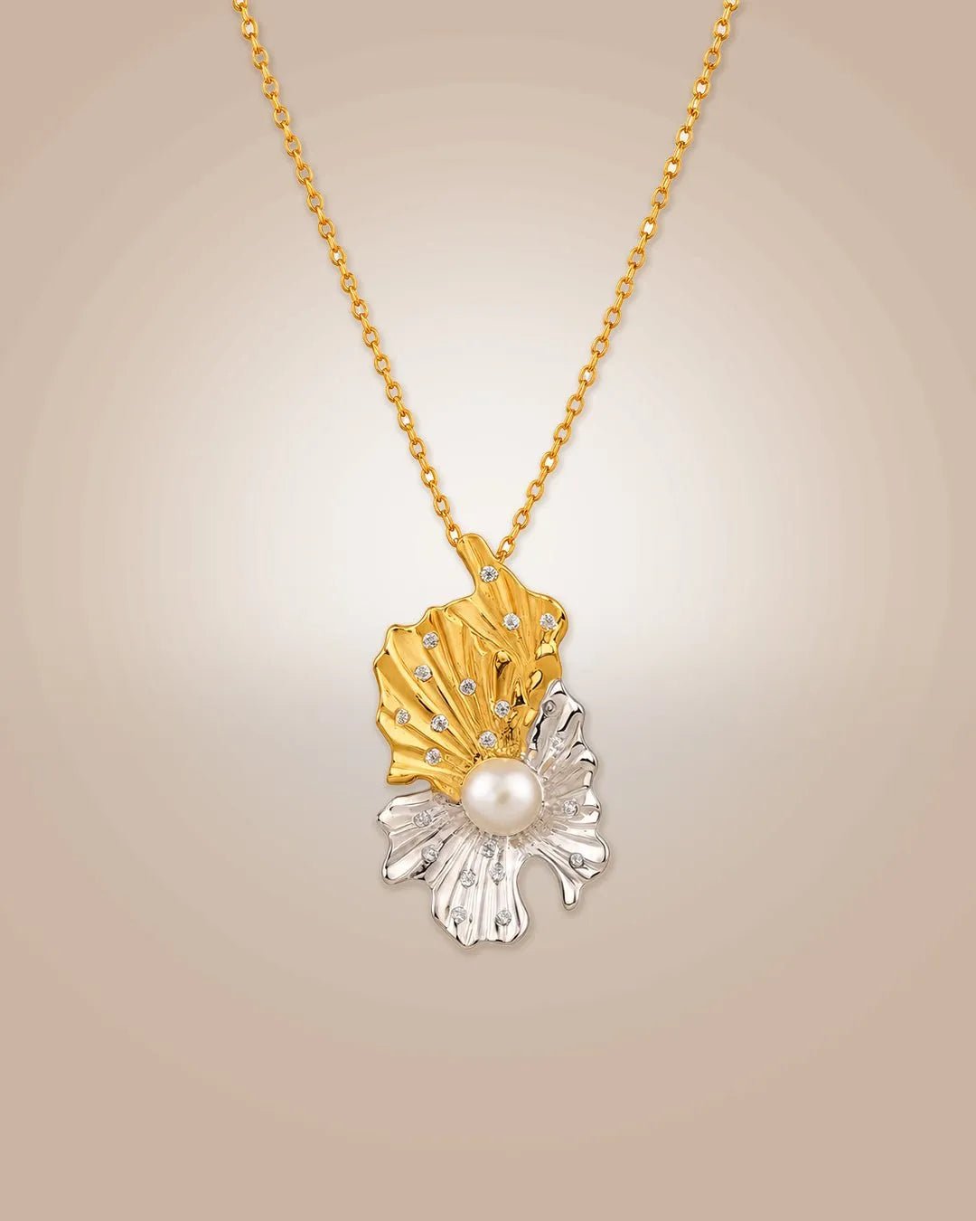 925 silver 22K gold vermeil & rhodium coral pendant necklace with pearl & CZ; anti-tarnish, Occasion wear on beige background