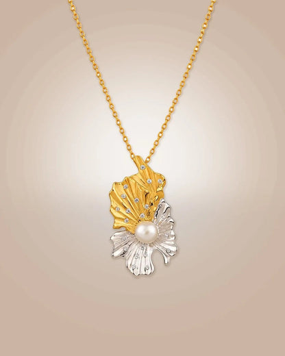 925 silver 22K gold vermeil & rhodium coral pendant necklace with pearl & CZ; anti-tarnish, Occasion wear on beige background
