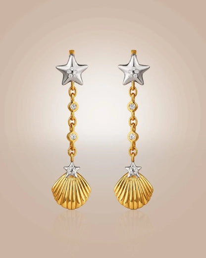 925 silver 22K gold vermeil & rhodium drop earrings; starfish & seashell motifs with CZ, anti-tarnish on beige.