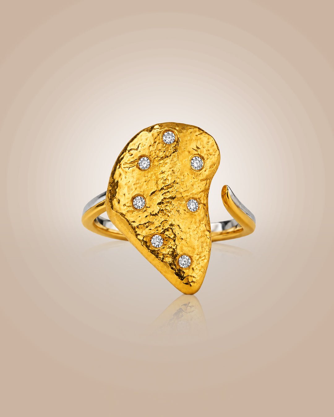 Sterling silver 22K gold vermeil & rhodium adjustable ring; hammered oyster shell motif, anti-tarnish on beige background