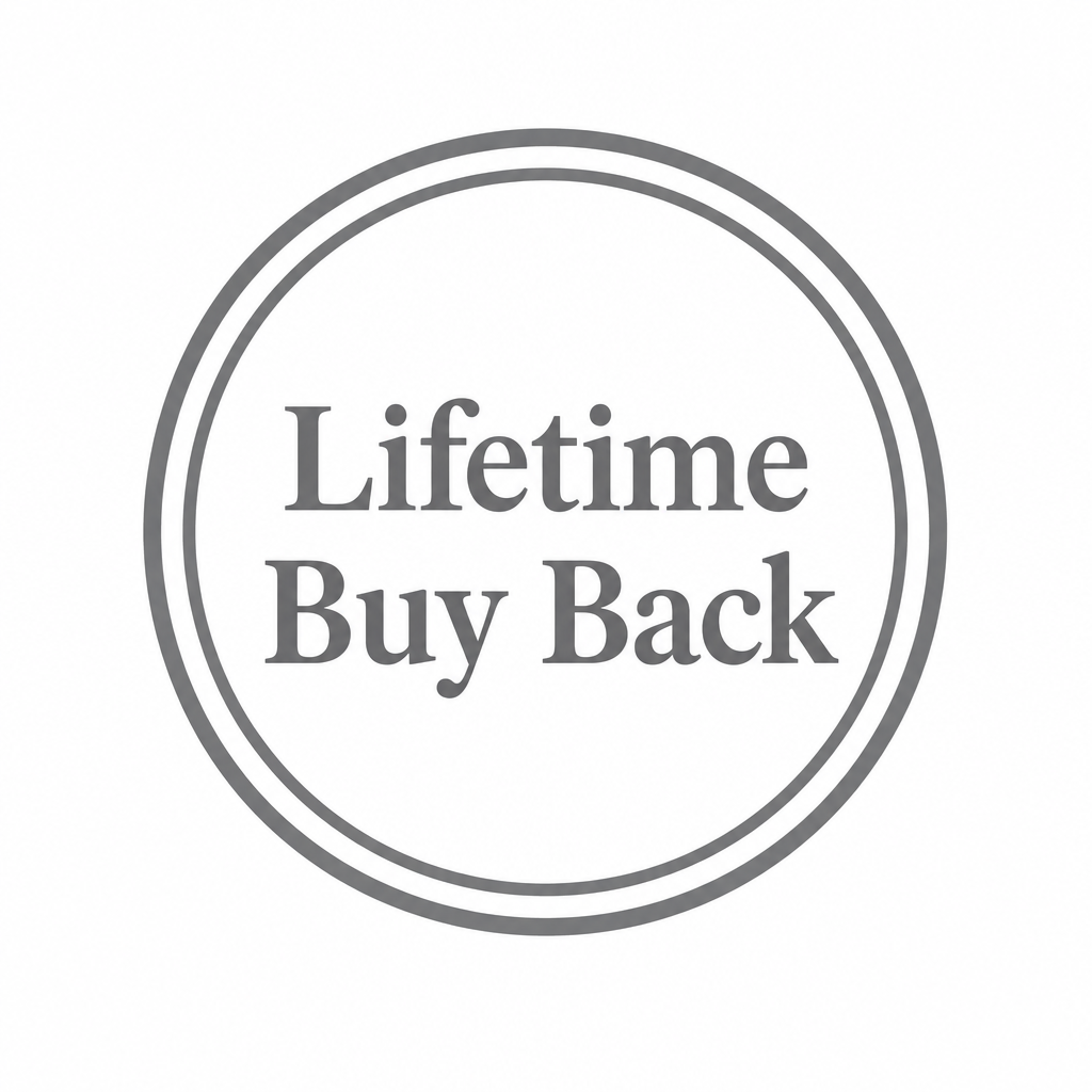 A circular gray graphic with the words 'Lifetime Buy Back' centered on a white background.